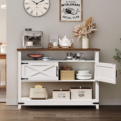 Farmhouse Console Table with Storage Cabinets and Shelf, Entryway Sofa Table