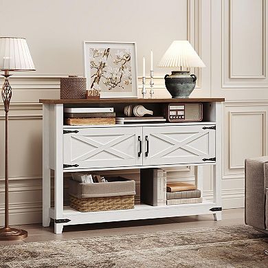 Farmhouse Console Table with Storage Cabinets and Shelf, Entryway Sofa Table