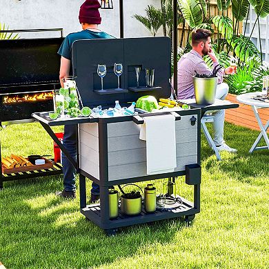 Outdoor Beverage Cart with Insulated Cooler Folding Lid and Storage