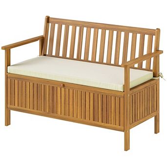 Outdoor Acacia Wood Storage Bench with Seat Cushion Perfect for Patio or Garden