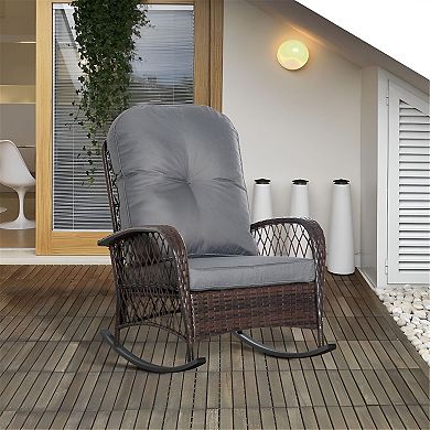 Outdoor Rattan Rocking Chair with Padded Seat and Back Cushion
