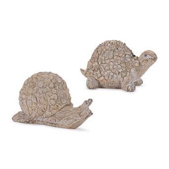 2 pc Turtle and Snail Tabletop Decor with Floral Shell Details for Mantel, Console and Table Display