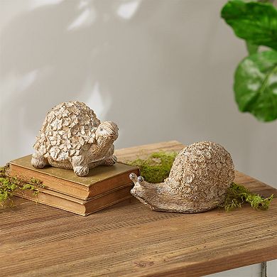 2pc Turtle and Snail Tabletop Decor with Floral Shell Details for Mantel, Console and Table Display