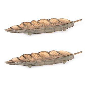 2 pc Metal Leaf Trays Hammered Cut-Out Design for Entryway Table Decor