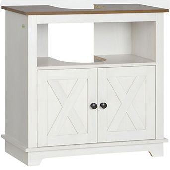 Bathroom Under Sink Cabinet with U-Shaped Cutout and Open Shelf Storage