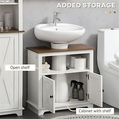 Bathroom Under Sink Cabinet with U-Shaped Cutout and Open Shelf Storage