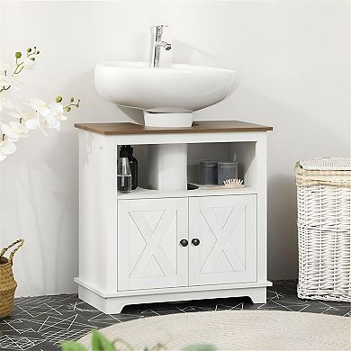 Bathroom Under Sink Cabinet with U-Shaped Cutout and Open Shelf Storage