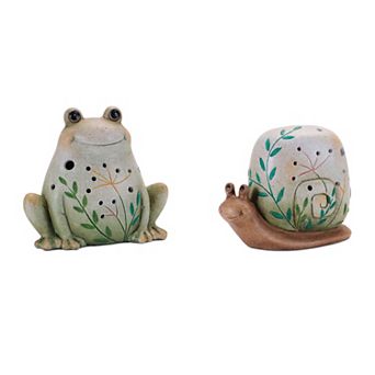 Set of 2 Playful Terracotta Frog and Snail Décor with Etched Floral and Leaf Details