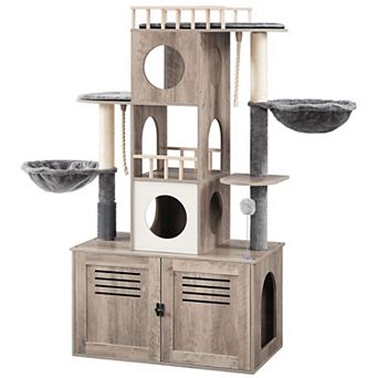 Multi-Functional Cat Tree with Hidden Litter Box, Dual Condos, Hammocks, and Scratching Posts