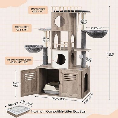 Multi-Functional Cat Tree with Hidden Litter Box, Dual Condos, Hammocks, and Scratching Posts