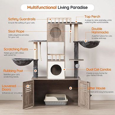 Multi-Functional Cat Tree with Hidden Litter Box, Dual Condos, Hammocks, and Scratching Posts