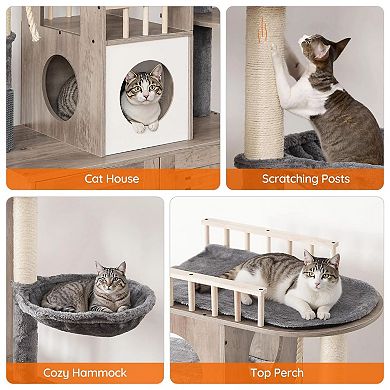 Multi-Functional Cat Tree with Hidden Litter Box, Dual Condos, Hammocks, and Scratching Posts