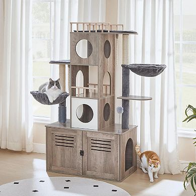 Multi-Functional Cat Tree with Hidden Litter Box, Dual Condos, Hammocks, and Scratching Posts