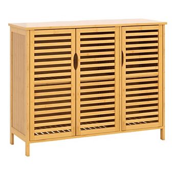 Bathroom Storage Cabinet with 3-Door Wicker Design, Magnetic Catches, and Foot Pads