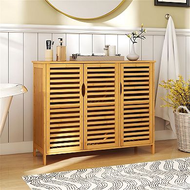 Bathroom Storage Cabinet with 3-Door Wicker Design, Magnetic Catches, and Foot Pads