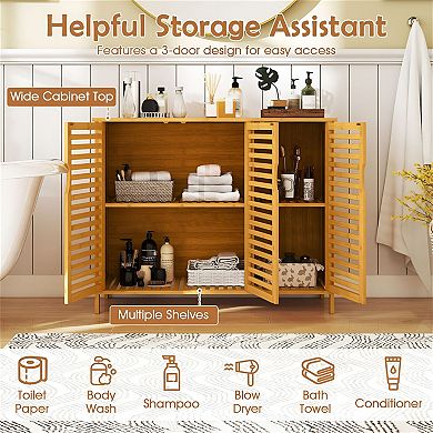 Bathroom Storage Cabinet with 3-Door Wicker Design, Magnetic Catches, and Foot Pads