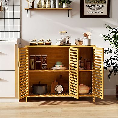 Bathroom Storage Cabinet with 3-Door Wicker Design, Magnetic Catches, and Foot Pads