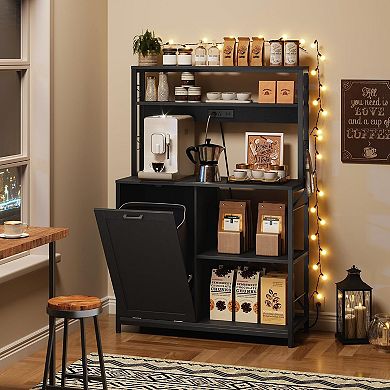 Space-Saving Kitchen Rack with 5 Shelves, Outlets, and Built-In Trash Storage