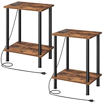 Set of 2 Multi-Purpose Side Table with Built-In Charging Station and Open Storage