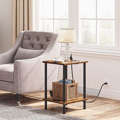 Set of 2 Multi-Purpose Side Table with Built-In Charging Station and Open Storage