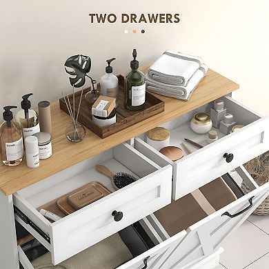 Tilt Out Laundry Hamper Cabinet with 2 Baskets, Bathroom Storage with Drawers
