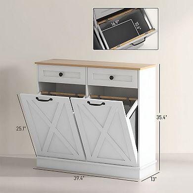 Tilt Out Laundry Hamper Cabinet with 2 Baskets, Bathroom Storage with Drawers