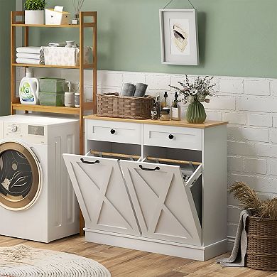 Tilt Out Laundry Hamper Cabinet with 2 Baskets, Bathroom Storage with Drawers