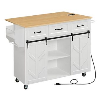 Rolling Kitchen Island Cart with Drop Leaf, Power Outlet, Drawers and Cabinet