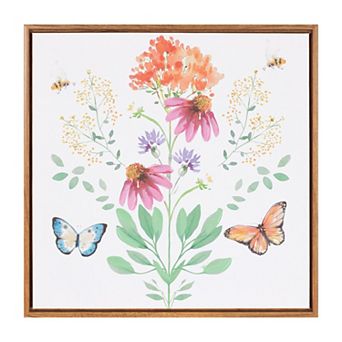 Floral Butterfly Bee Wall Art Framed Watercolor Wildflower Print with Glitter Detail For Wall Decor