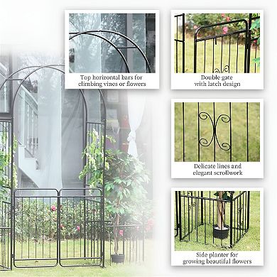 Garden Arch Arbor with Double Gates and Planter Boxes for Patio Lawn Entryway