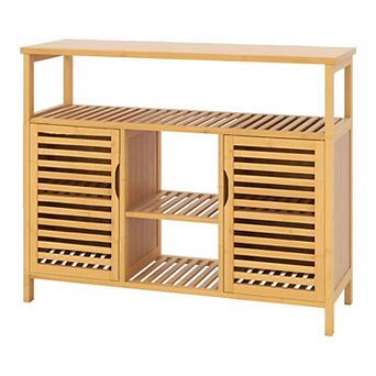 Wicker Bathroom Storage Cabinet with 2 Doors, Open Shelves, and Wide Top Surface