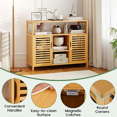 Wicker Bathroom Storage Cabinet with 2 Doors, Open Shelves, and Wide Top Surface
