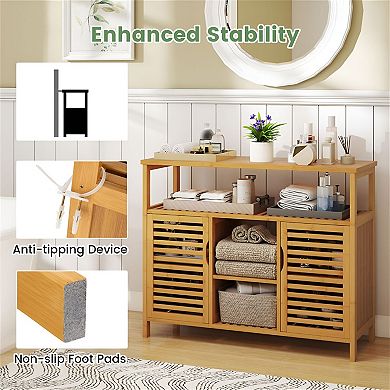 Wicker Bathroom Storage Cabinet with 2 Doors, Open Shelves, and Wide Top Surface