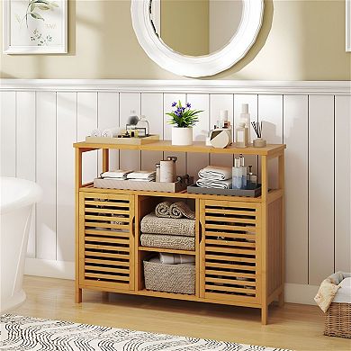 Wicker Bathroom Storage Cabinet with 2 Doors, Open Shelves, and Wide Top Surface