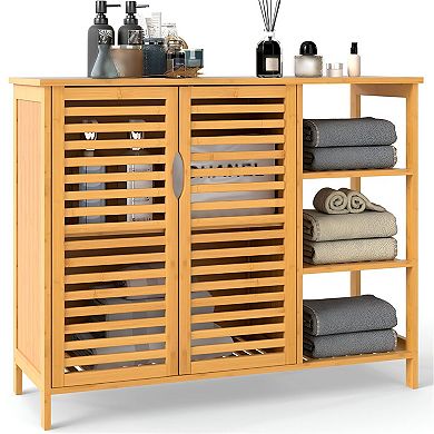 Bathroom Storage Cabinet with Open Shelf, Two Doors, and Adjustable Inner Shelf