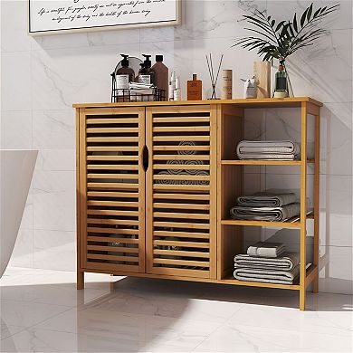 Bathroom Storage Cabinet with Open Shelf, Two Doors, and Adjustable Inner Shelf