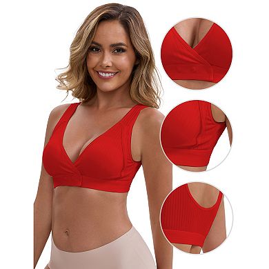 3 Packs Women's Front Closure Wireless Postpartum Breastfeeding Lingerie V-Neck Push Up Ribbed Bras