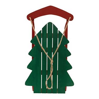 Winter Pine Tree Sled Decor Wood Metal Wall Door Hanging Holiday Sign