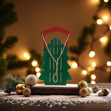 Winter Pine Tree Sled Decor Wood Metal Wall Door Hanging Holiday Sign