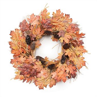 Maple Leaf Seasonal Wreath With Pinecone Accents For Door Hanging, Wall Decor, Mantel Display