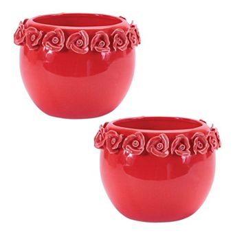 Set of 2 Stoneware Bud Vases with Floral Accents for Flowers or Table Decor