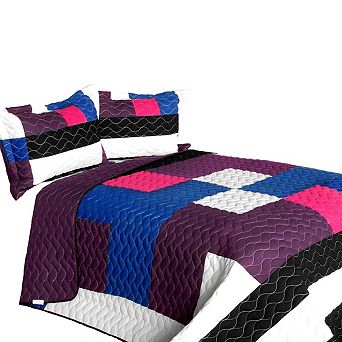 Patchwork Quilt Set Full/Queen 3 pc Vermicelli Stitch Reversible Bedding