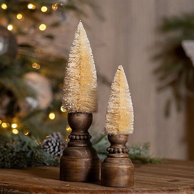 2Pc Mini Bottle Brush Pine Tree Decor with Pedestal Base for Tabletop and Shelf Styling
