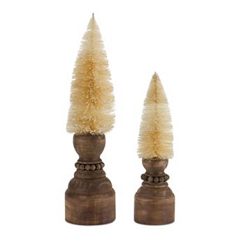 2 pc Mini Bottle Brush Pine Tree Decor with Pedestal Base for Tabletop and Shelf Styling