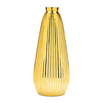 Modern Ribbed Metallic Vase for Table Centerpiece, Shelf, or Living Room Decor