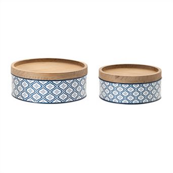 2 pc Decorative Storage Canisters with Wooden Lids Metal Kitchen Containers for Dry Food Storage