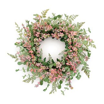 Blossom Floral Wreath With Eucalyptus Style Greenery For Door Hanging, Wall Decor, Mantel Display