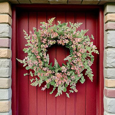 Blossom Floral Wreath With Eucalyptus Style Greenery For Door Hanging, Wall Decor, Mantel Display