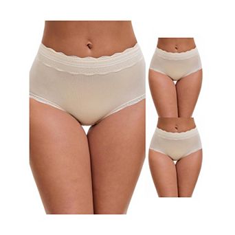 3 Packs Women's High Waisted Lace Trim Briefs Cotton Full Coverage Underwear Panties
