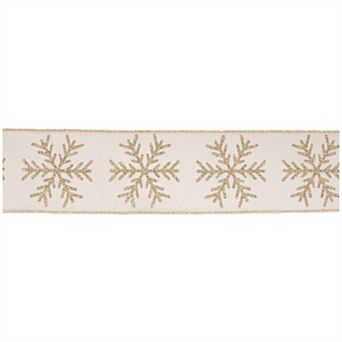 Polyester Wired Ribbon with Glittered Snowflake Design for Holiday Crafts, Wreaths, Gift Wrapping